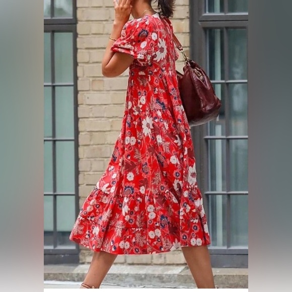 Ulla Johnson Nora Floral Gathered Midi Dress Size 12  Red Puff Sleeve Tiered - Picture 5 of 16